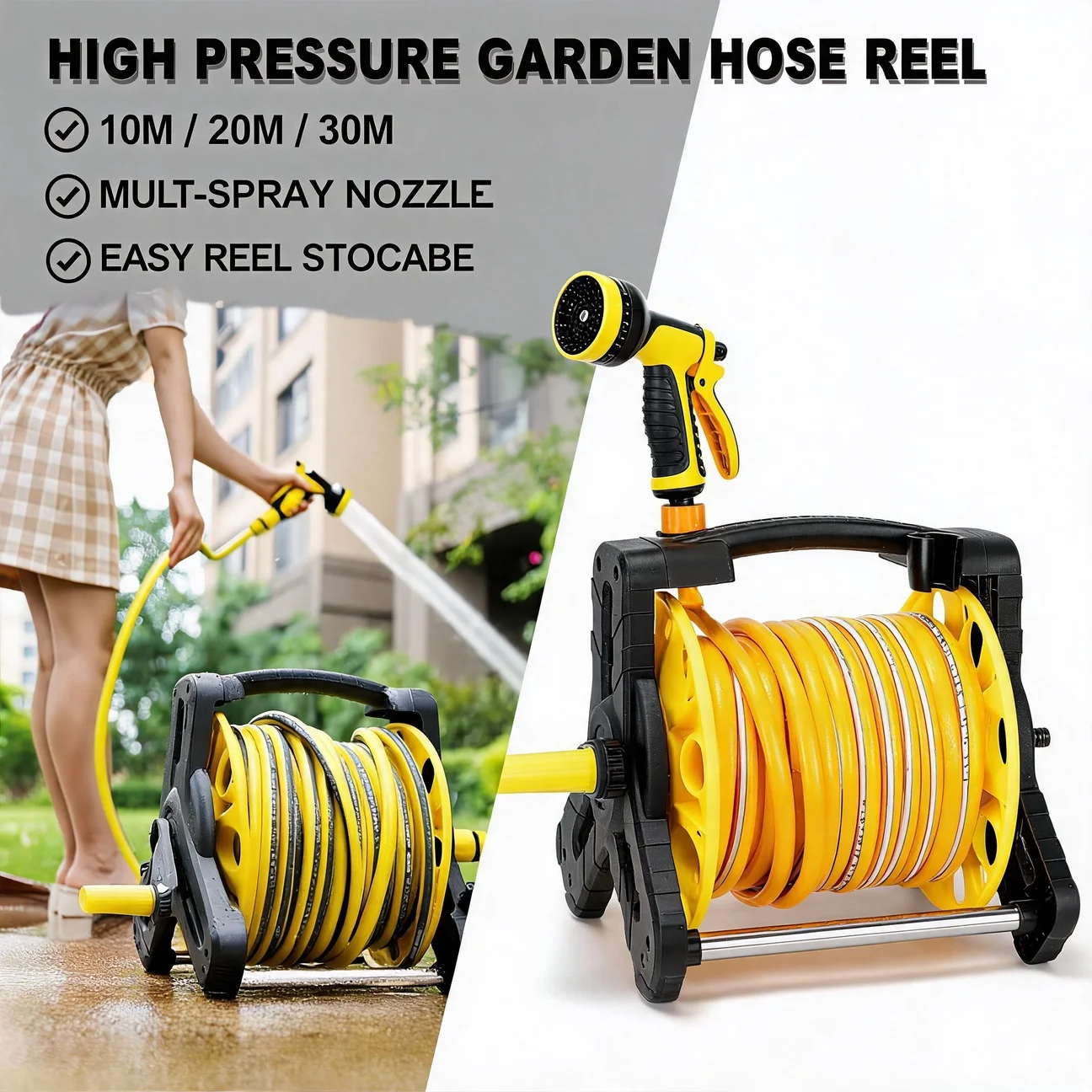 10M~30M Household Water Hose Cart Hose for Watering Flowers Car Wash High Pressure Water Gun Garden Watering Hose Rack