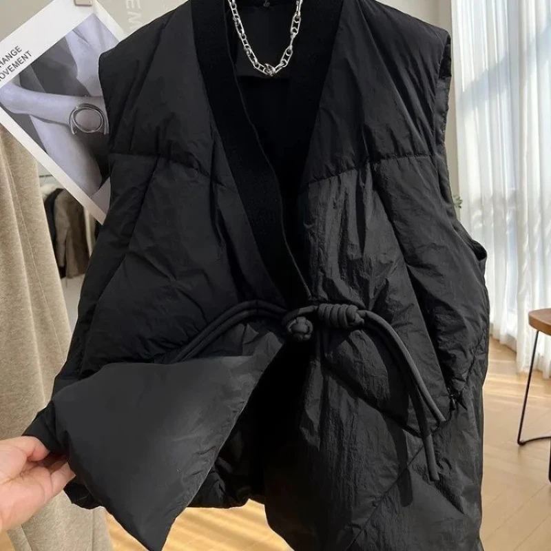 

Fashion Vintage Cotton Black Vest Coat Women 2024 Autumn New Thicked Warm Jackets Y2k E-girl Sleeveless V-neck Tops Mujer