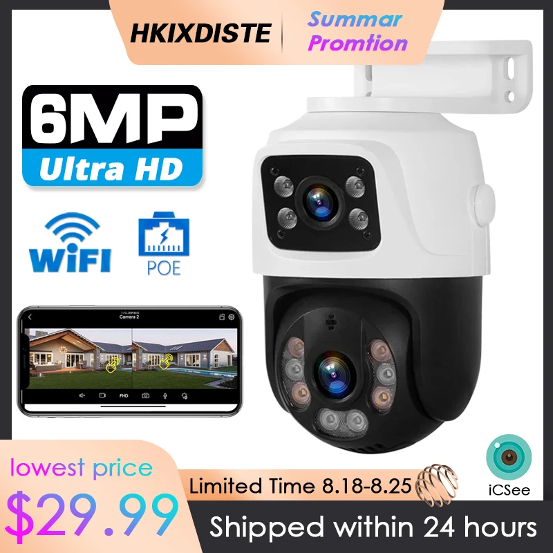 

6MP POE WIFI Security IP Camera PTZ Dual Screens Smart Outdoor Wireless Video Surveillance Camera WiFi CCTV ICSee Auto Tracking