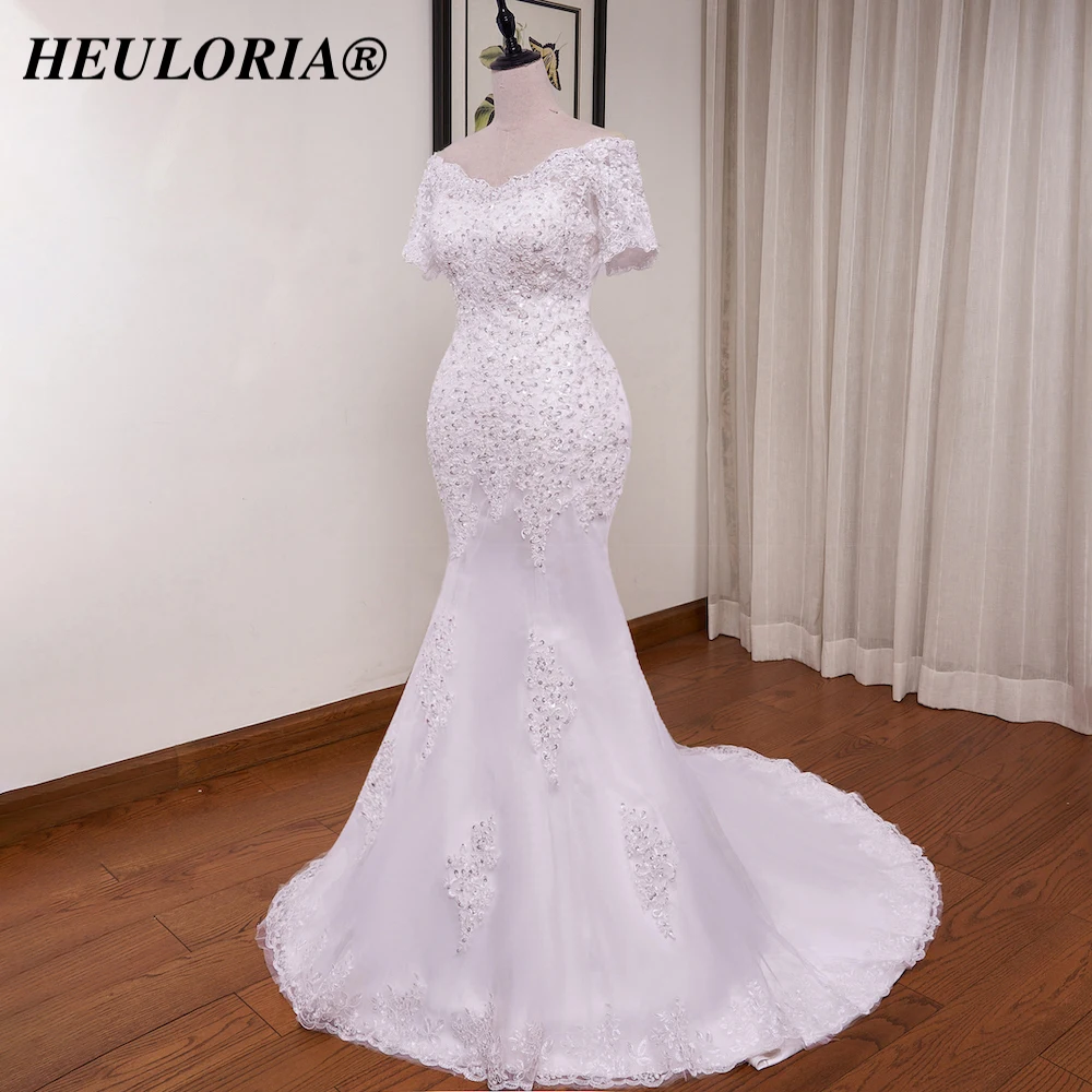 Heiloria-vestido de novia de manga corta con hombros descubiertos, traje elegante de sirena con cordones, talla grande