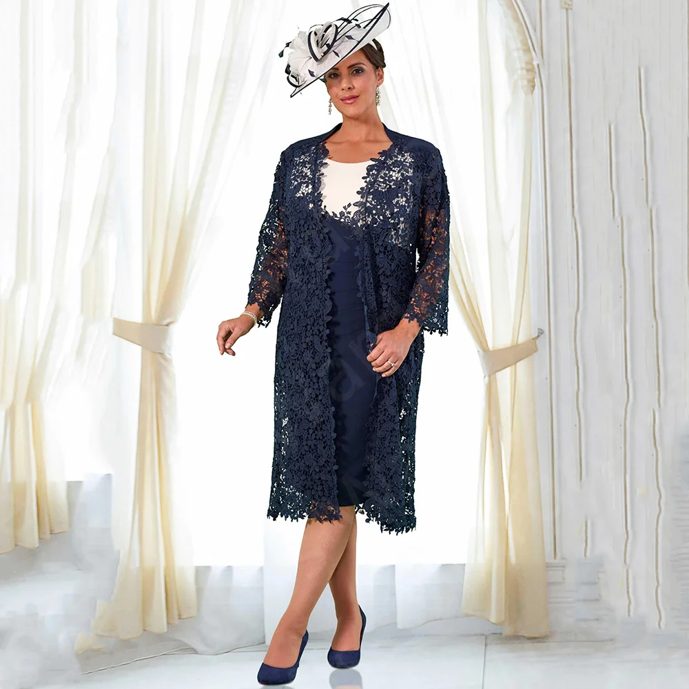 

Unique Navy Blue Mother Dresses Lace 2024 Mother of the Bride Gowns with Jacket Long Sleeves Wedding Party Gowns Tea Length