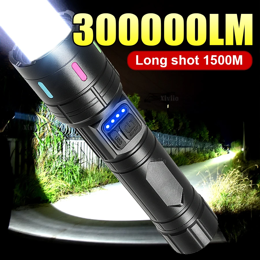 300000LM New Upgrade Flashlight Zoom Rechargeable LED Torch 4 Modes High Power Flashlights Waterproof Outdoor Tantical Lantern