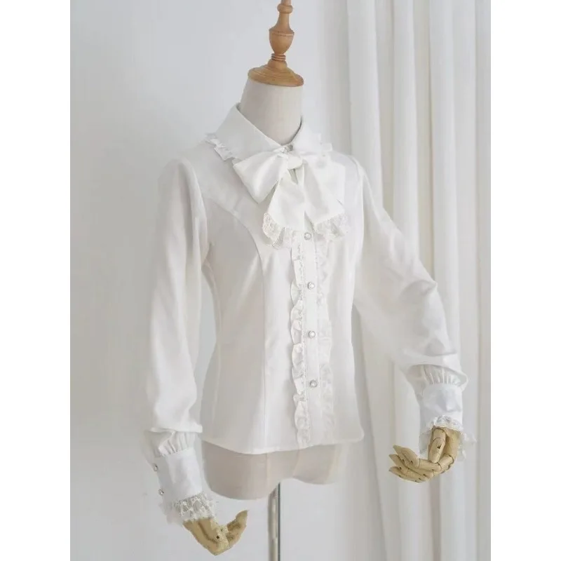 

Spring and Autumn Solid Color Spliced Lace New Doll Collar Lolita with Bow Long Sleeve Shirt Top Versatile