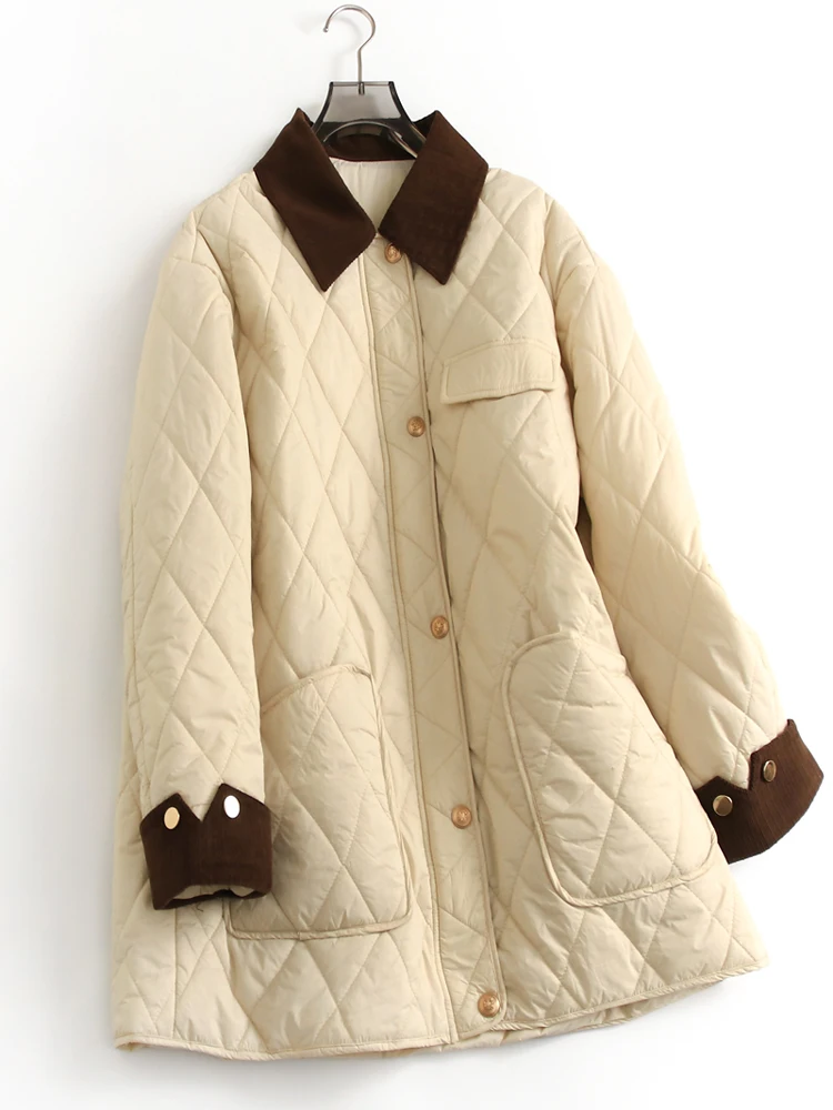 

Color Block Corduroy Shirt Collar Diamond Stitching Mid-Length Long Sleeve Women's Cotton Jacket Coat Simple Style Commute