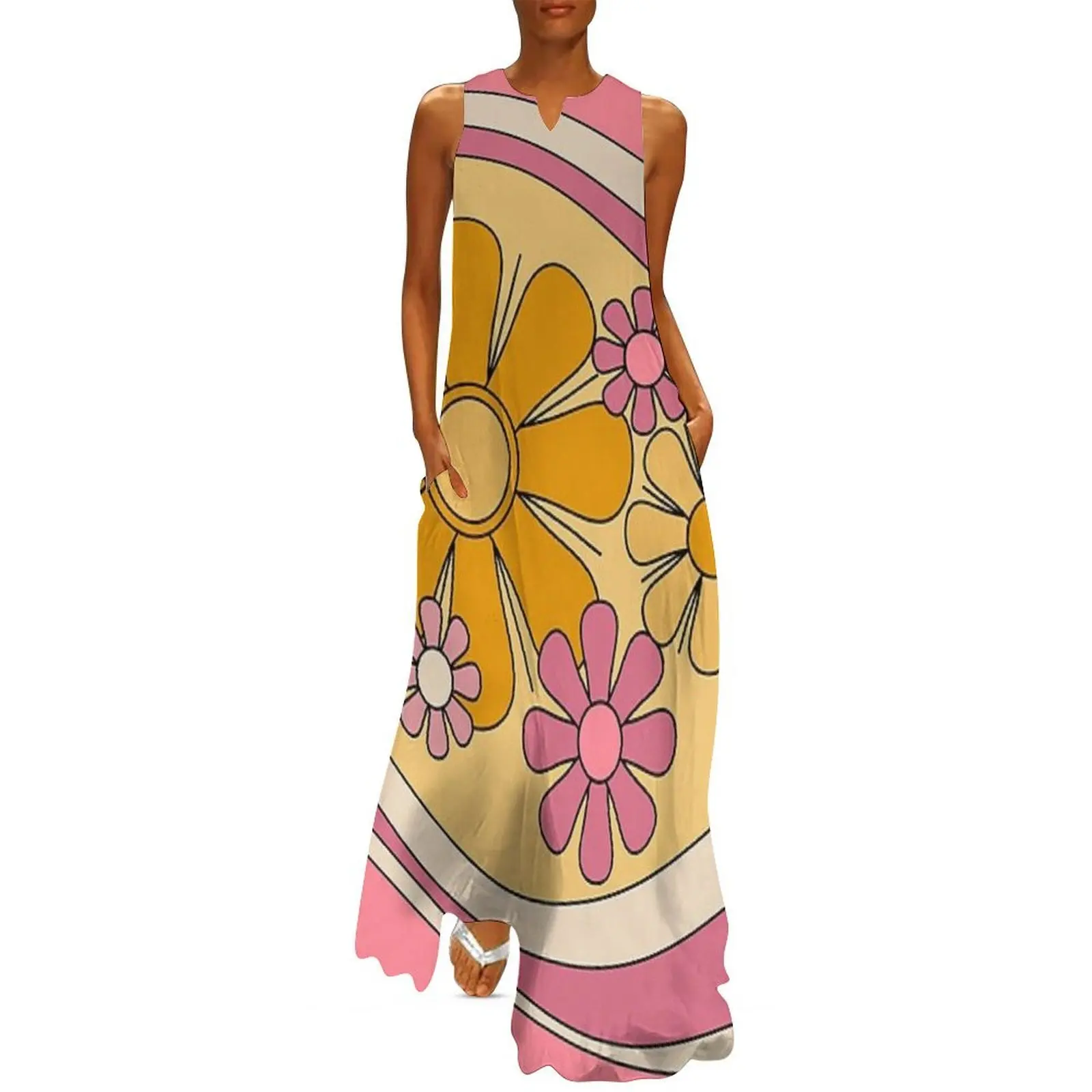 

Floral Daydream Groovy Retro Flowers in Thulian Pink Ochre Yellow Long Dress summer dress daily