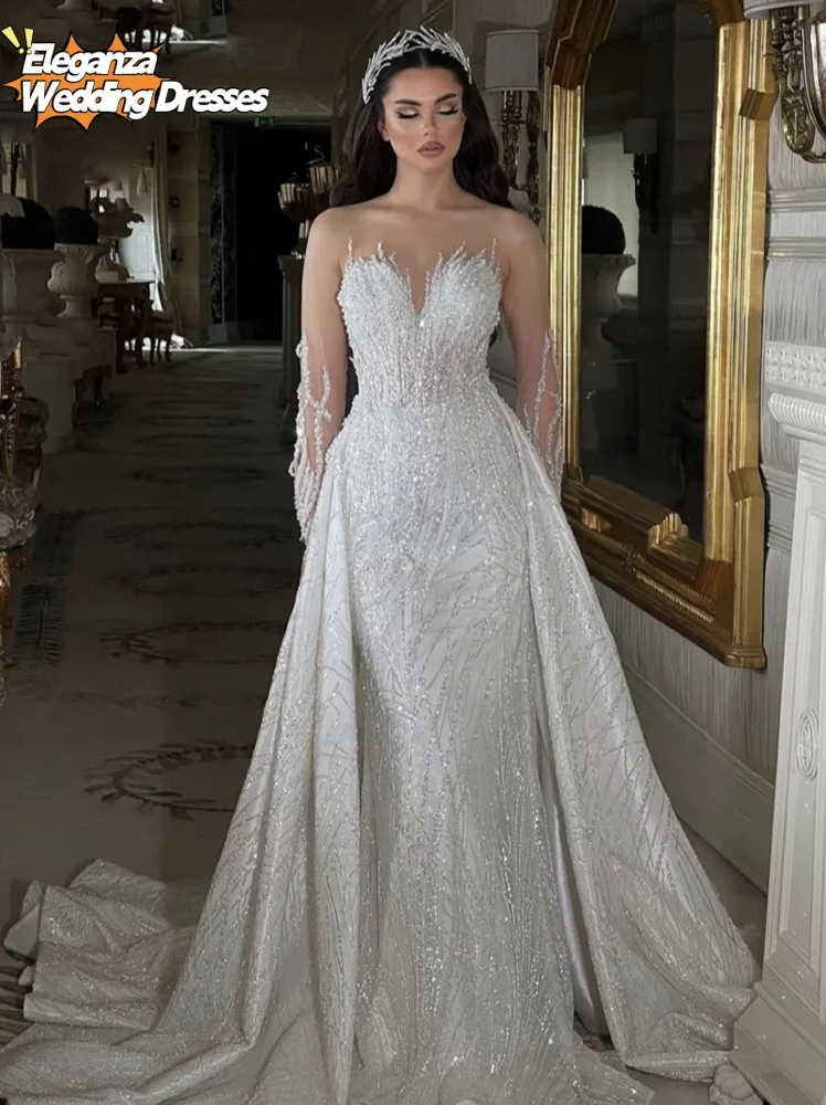 Индивидуальные платья невесты с прозрачным вырезом и бисером 2 в 1, свадебное платье с вышивкой и иллюзией, длинным рукавом, съемным шлейфом