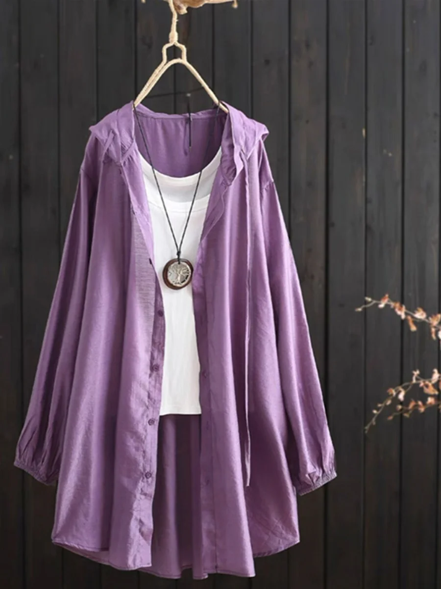 Summer Thin Hat Sun Protection Clothing Women's Mid-Length Long Sve Ice Silk Cotton Linen Open Cardigan Outerwear Top