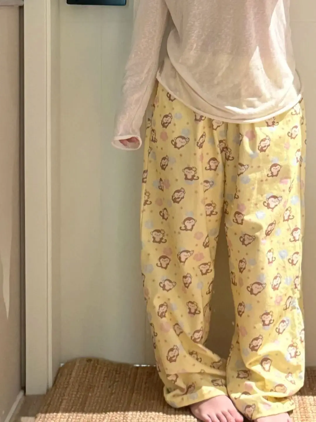Cartoon White Monkey Women Pajama Pants, Lazy Style New Autumn Winter Brushed Warm Loose Straight Leg Loungewear Trousers
