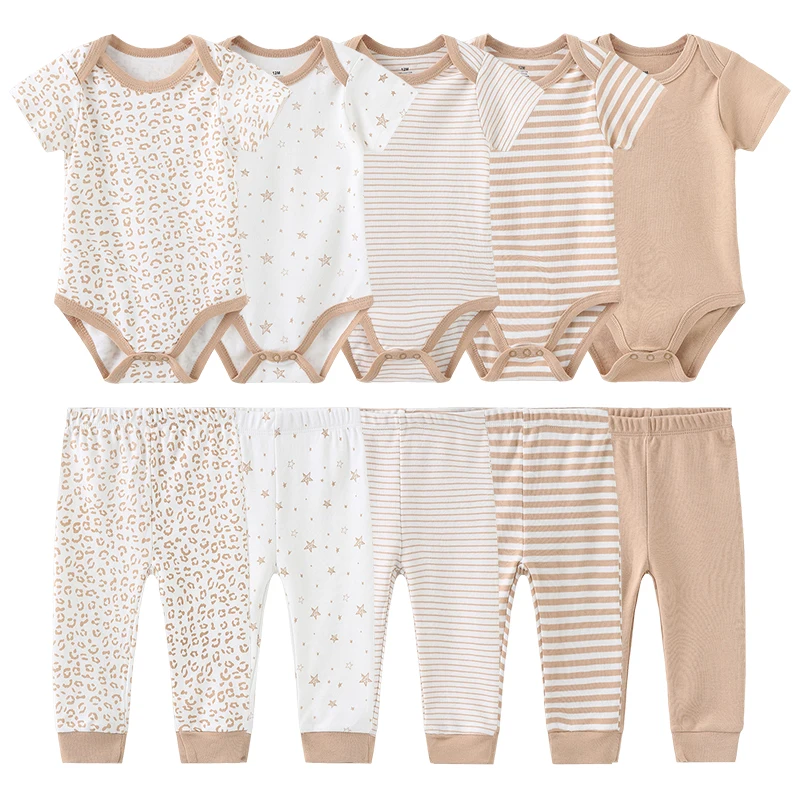 10-Piece Baby Girl Bodysuits+Pants Clothing Sets Bebe Boy Clothes Cartoon Cotton Infant Short Sleeves Onesies