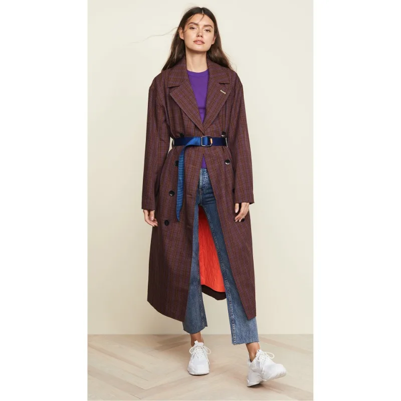 

Long Wool Blend Plaid Women's Windbreakers Elegant Double Breasted New Female Lined Long Sleeved Straight Trench Coats With Belt