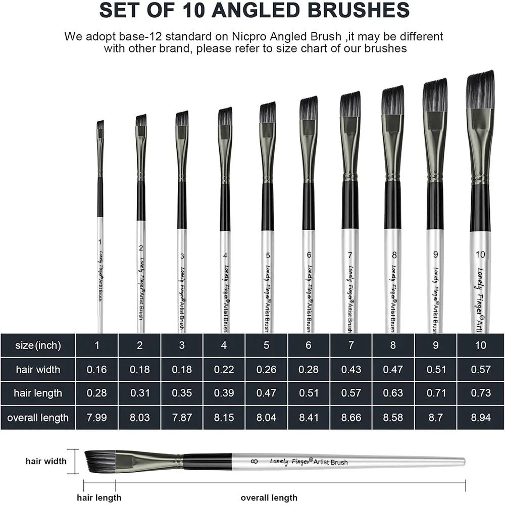 Angle Aritst Paint Brushes Set, 10 Pcs Angle Art Paintbrushes for Acrylic, Oil, Watercolor Painting, Hair Anglular Shader Brush