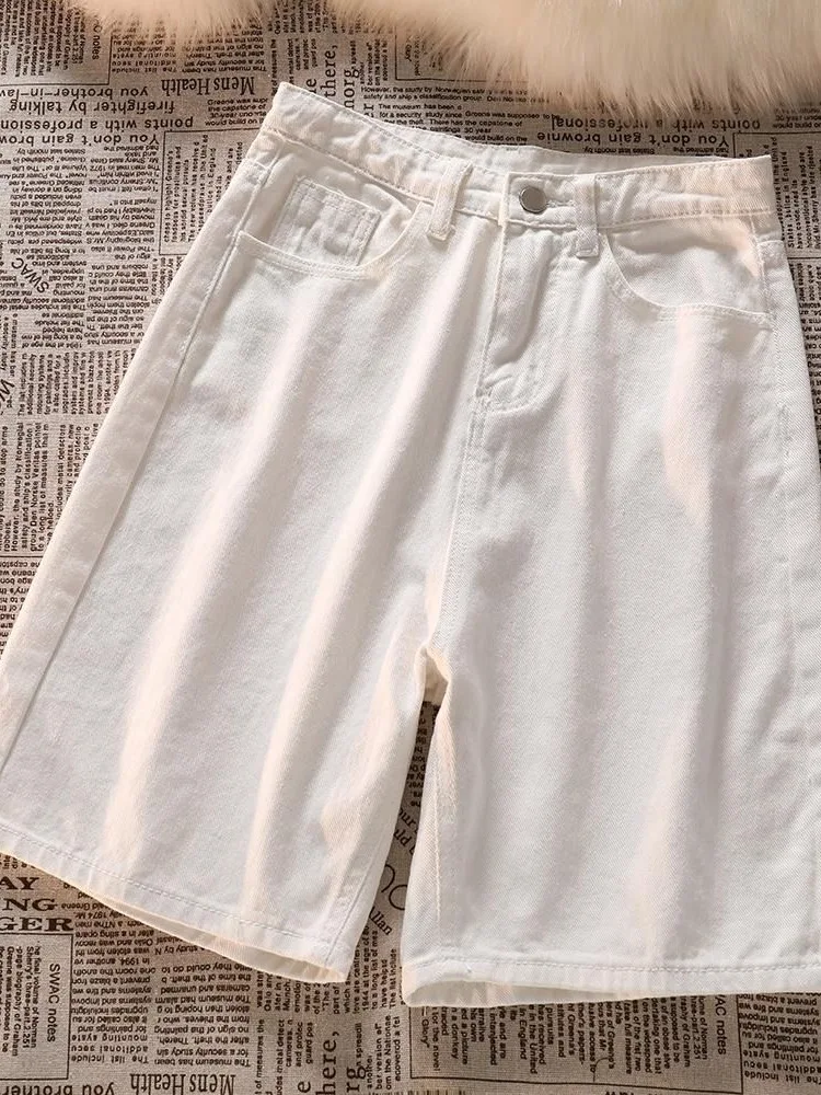 

Светло-бежевые мужские джинсовые шорты, повседневные, свободного кроя, прямые, длиной до колена, летние, новые, в американском ретро-стиле, цветные