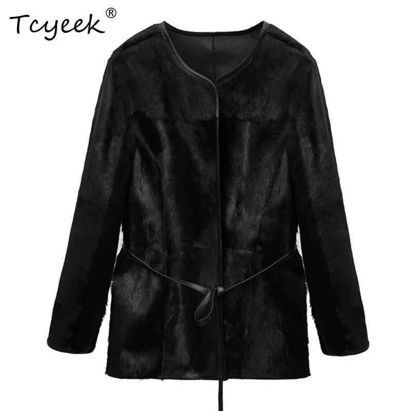 

Tcyeek Wool Autumn Winter High End Trendy Retro Black Round Neck Reversible Women's Wool Shearing Fur Coat Fourrures Femme