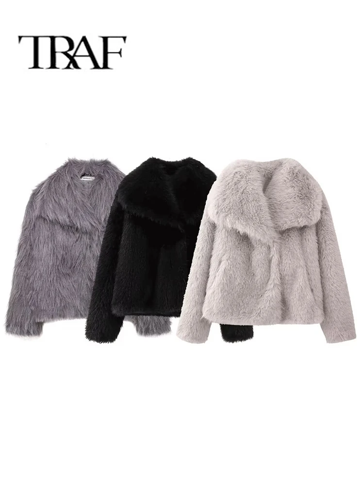 TRAF Women Fashion Warm Faux Fur Jacket Warm Coat Female Pocket Outerwear Chic Lapel Collar Thick Coat