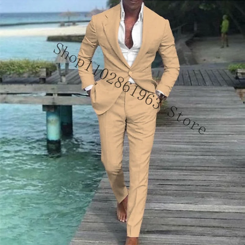 Latest Coat Pants Designs Beige Men Suit Prom Tuxedos Slim Fit 2 Piece Groom Wedding Suits For Men Custom Blazer Terno Masuclino