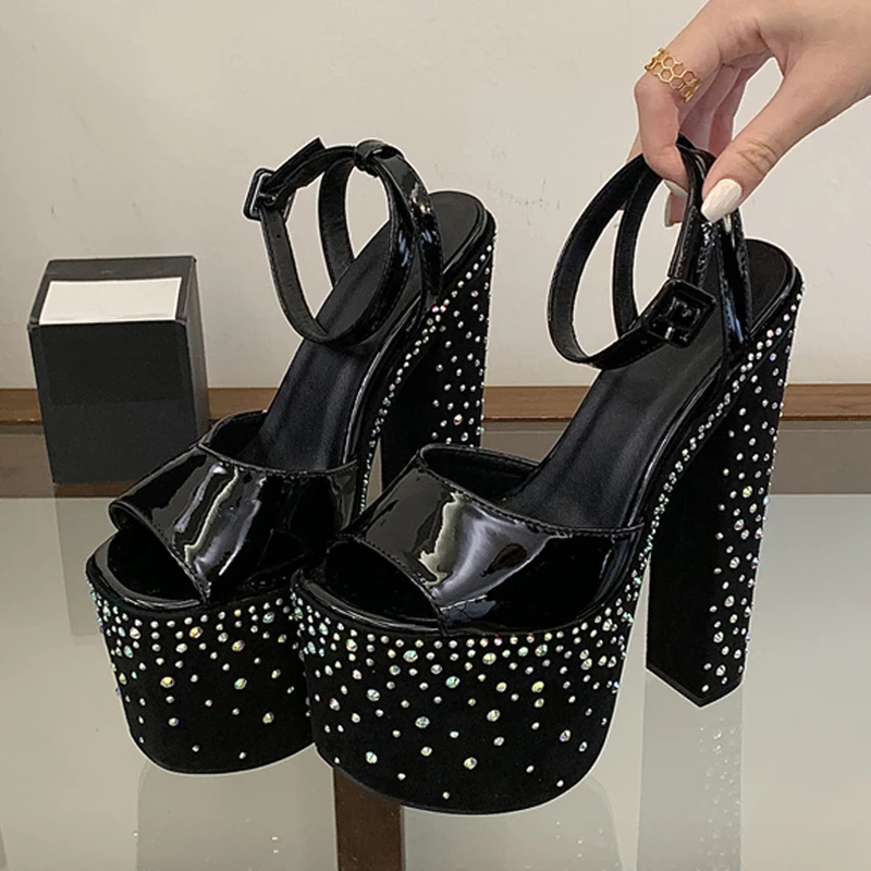 

Liyke New Fashion Crystal Rhinestone Chunky Platform Sandals Women Open Toe Party Dress Shoes Catwalk Runway High Heels Black