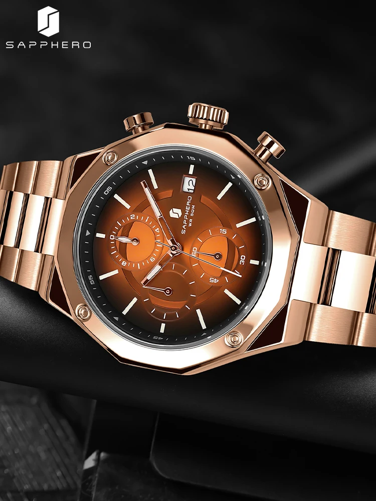 SAPPHERO Rose gold Chronograph Mens Watch Luxury  Stainless Steel Quartz Watch Business Waterproof Luminous Calendar Wristwatch