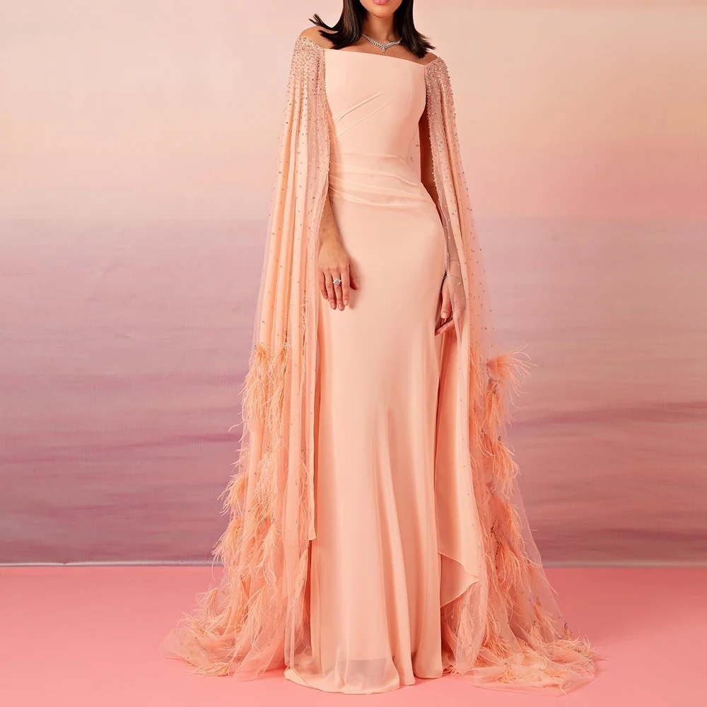 Temperament Chiffon Straight shawl Feathers and Crystal Evening Dress Boat Neck Floor Length Sleeveless Watteau Train Classic