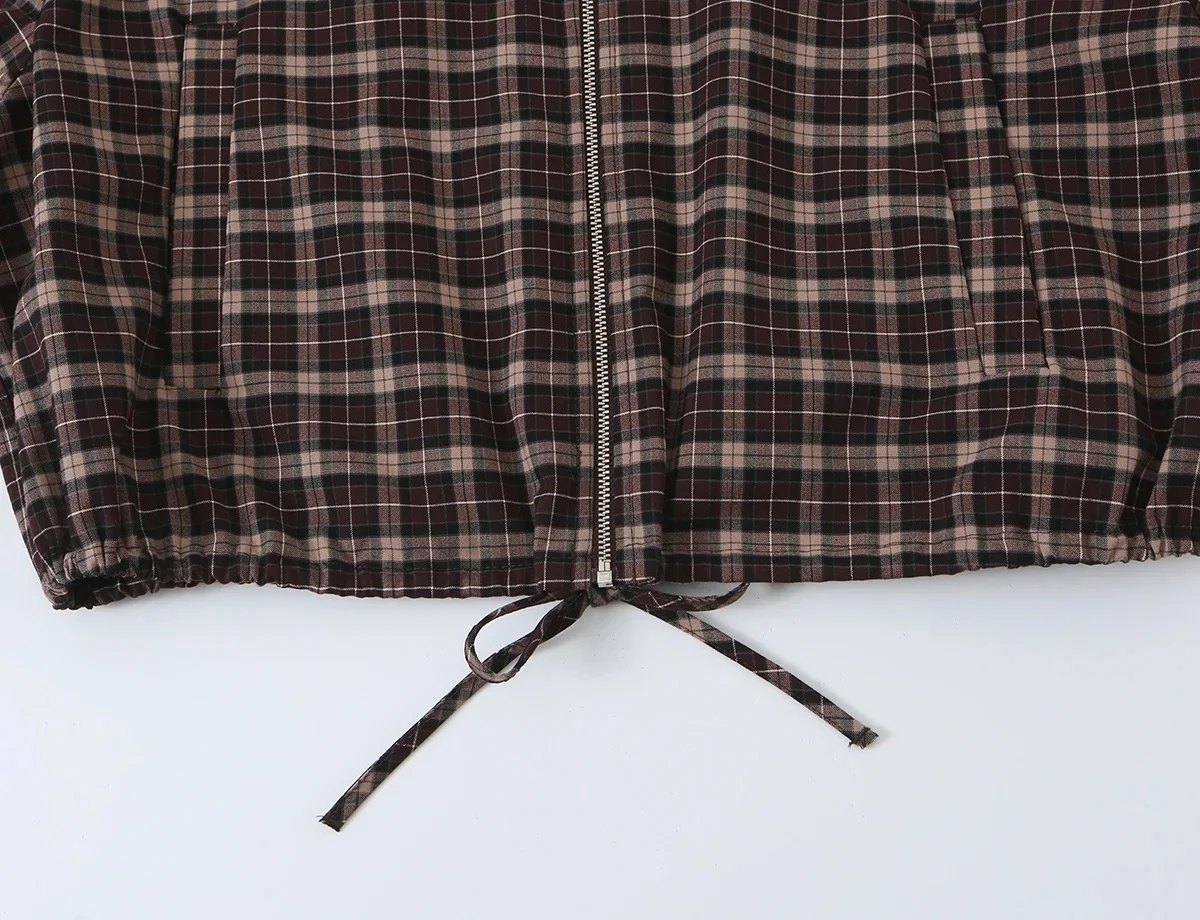 KONDALA Damen Vintage Lässiger Karierter Minirock-Anzug 2026 Herbst Trendiges Klassisches Retro-Set mit Stehkragen-Jacke und Weitgefalteten Culottes – Detail 9