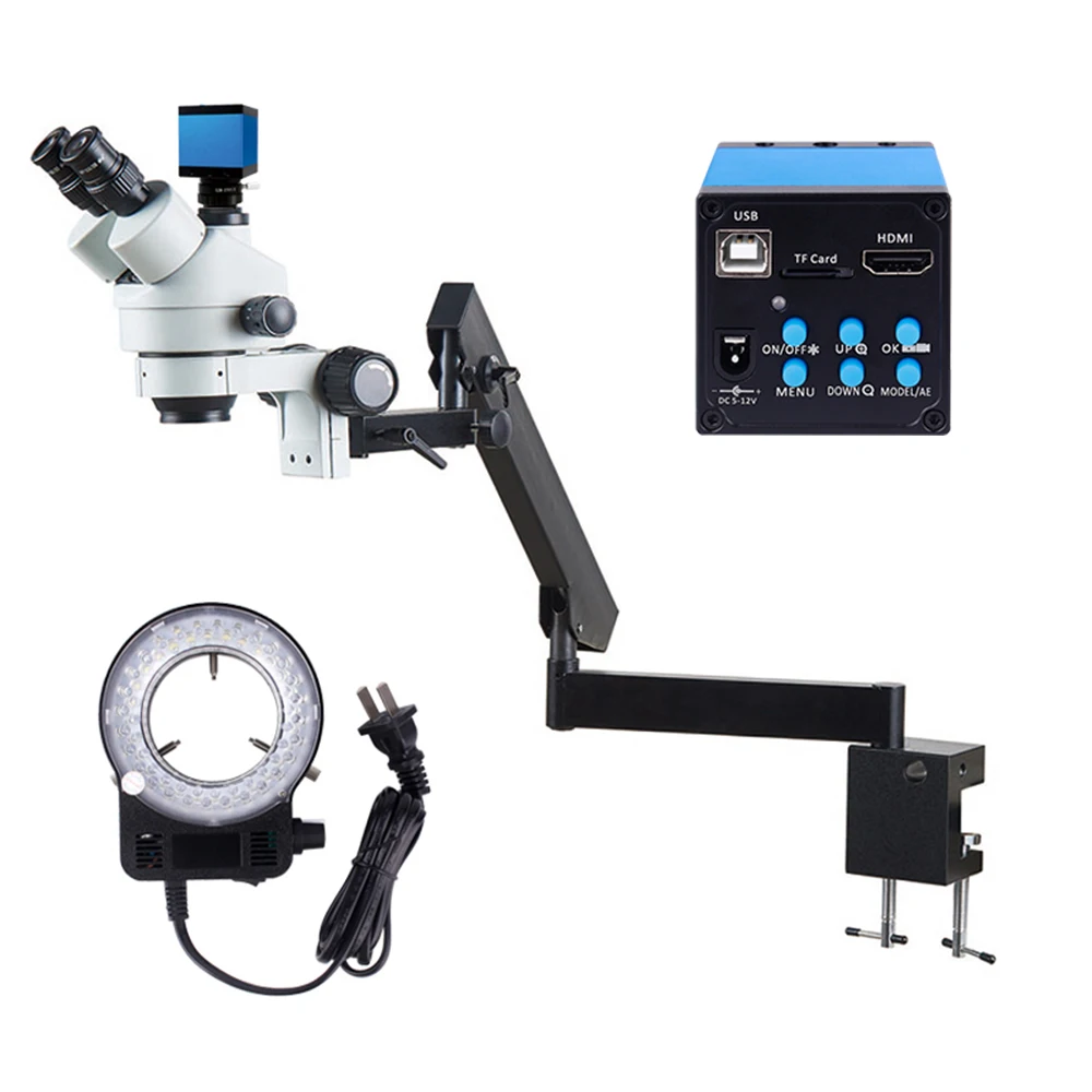 

High Quality 7X-45X Laboratory Trinocular Stereo Microscope Metal Pillar Bracket Precision Parts Maintenance Test LED Ring Light