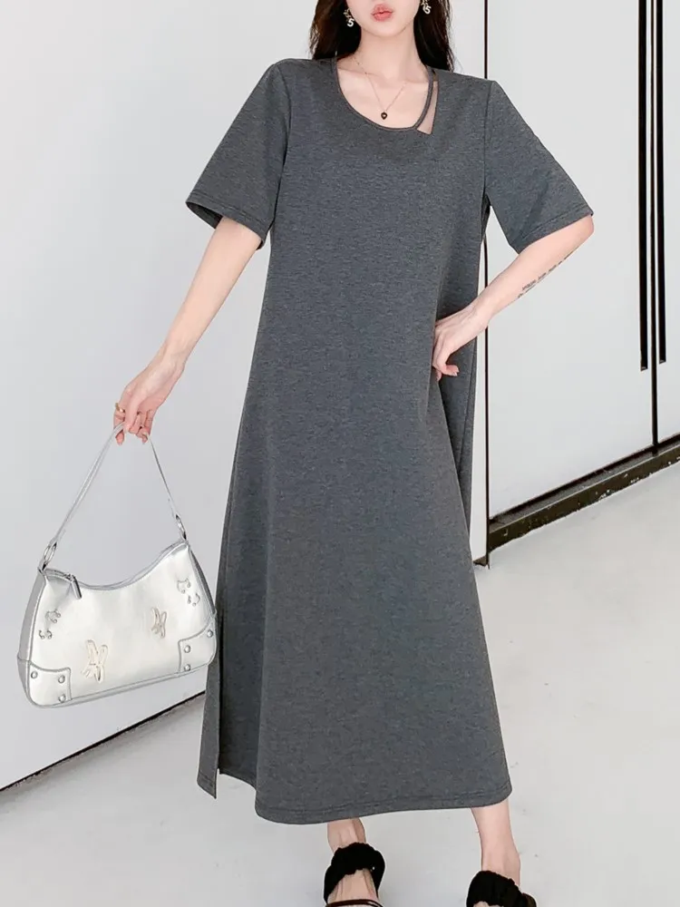 Summer Oversize Solid Loose T Shirt Dress Women Korean Loose V-Neck Short Sleeve Casual Straight Ladies Dresses Female Vestidos