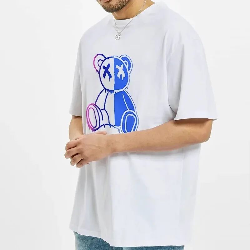 Camiseta estampada de urso dos desenhos animados, camiseta monocromática com gola o, tops de rua hip-hop, camiseta casual clássica, moda verão,