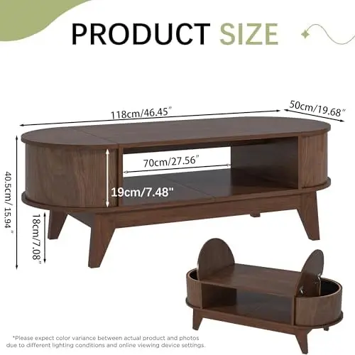 Tavolino ribaltabile con contenitore, tavolo centrale moderno in legno (noce)