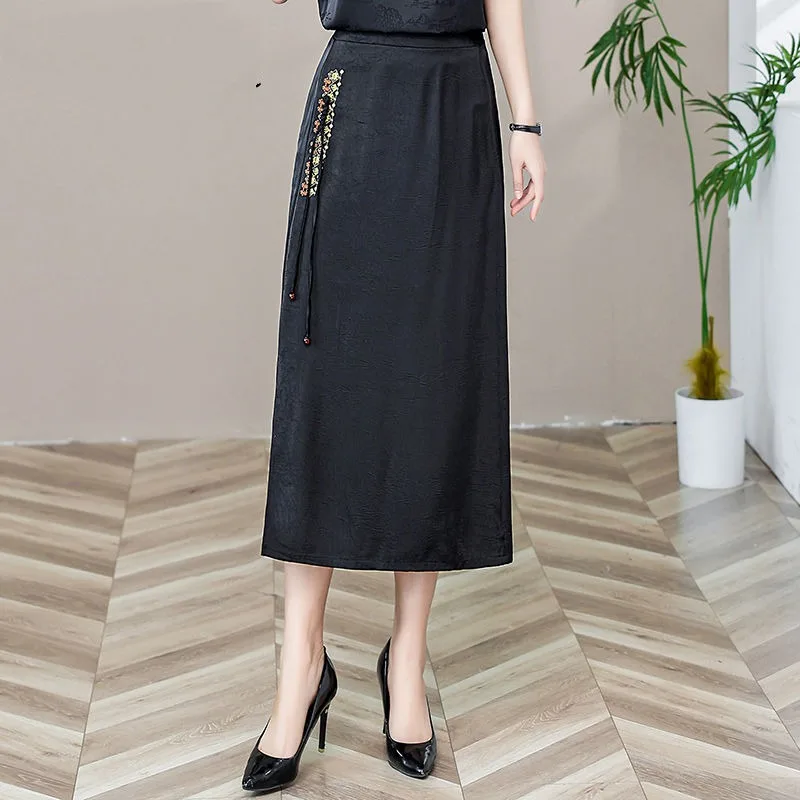 Spring Summer Women's Solid Bandage Geometric Printing Embroidery High Waisted Casual Elegant Party Chinese Style Ankle Skirt