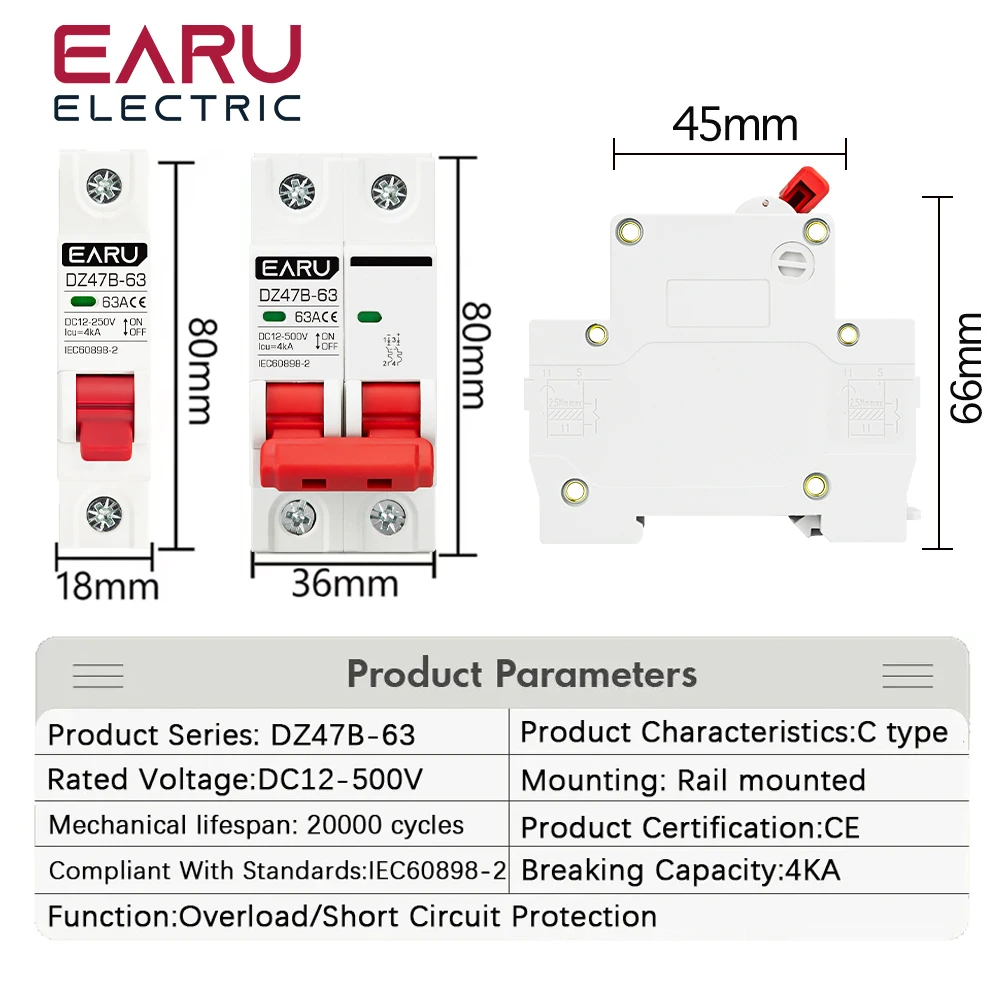 DC12V 24V 48V 36V MCB Battery Car Protector Mini Circuit Breaker DZ47 DC Positive And Negative Pole Protection Switch Isolator