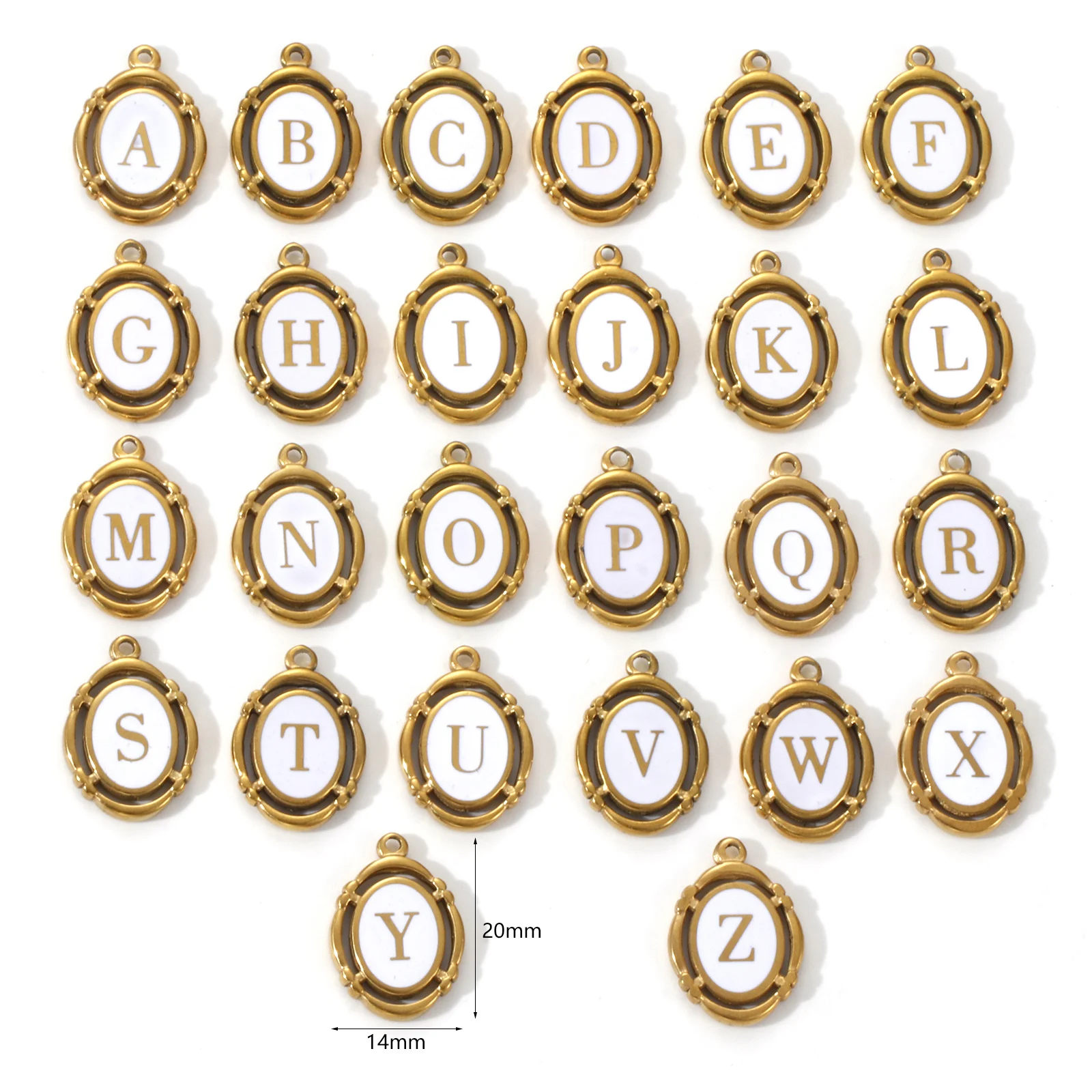 1PC 304 Stainless Steel Initial Letter Charms 18K Gold Plated White Enamel Oval Capital Alphabet 