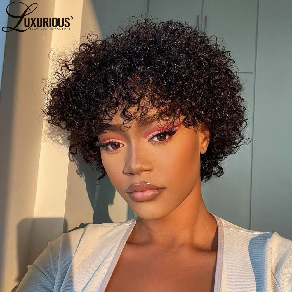 Pre Plucked Kinky Curly Machine Made Wigs For Black Women Wear And Go Pixie Cut Short Wig Brazilian Virgin Remy Human Hair Wigs