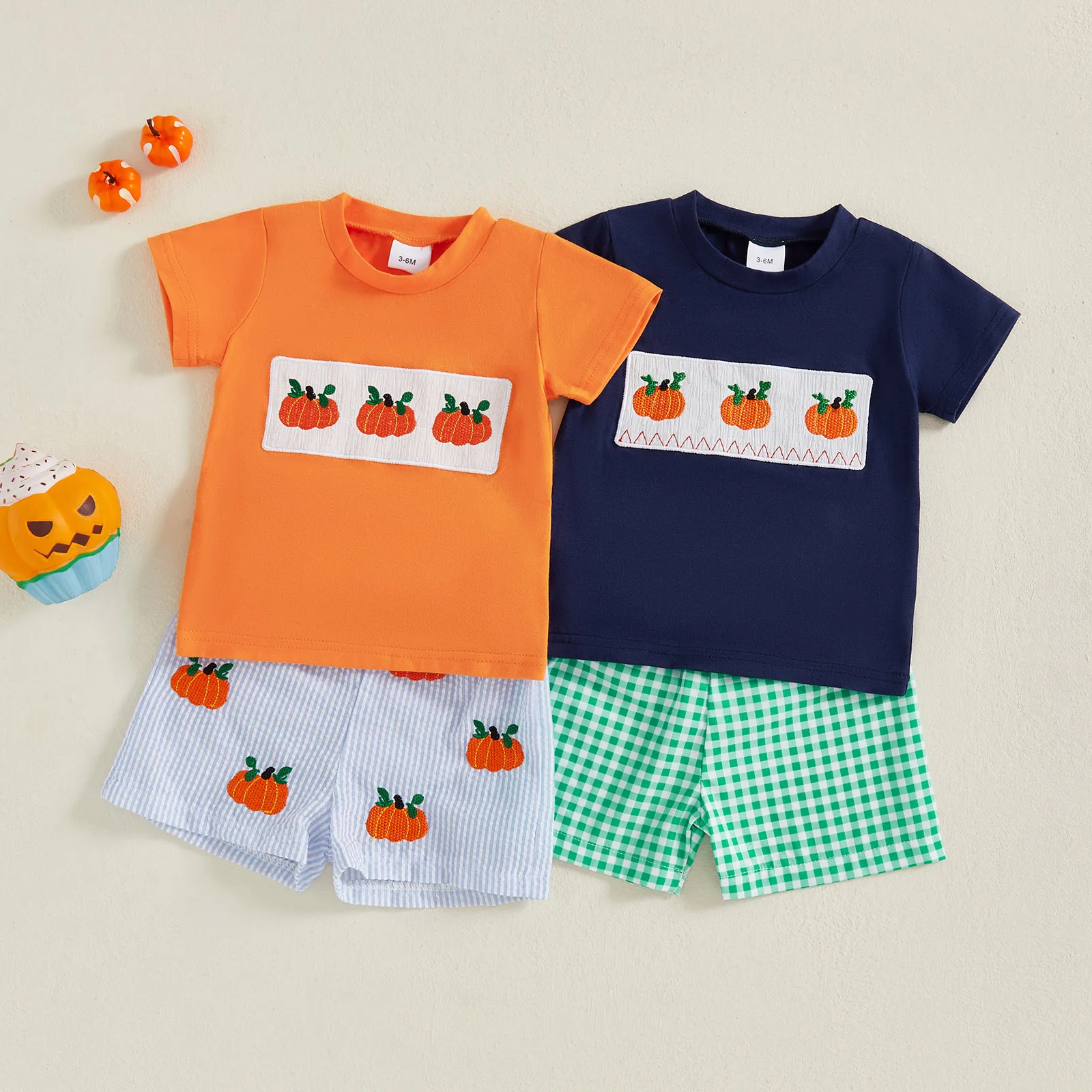 

Toddler Baby Boy Halloween Clothes Pumpkin Embroidery Smocked Short Sleeve T-Shirt and Plaid Shorts Set Fall Outfits