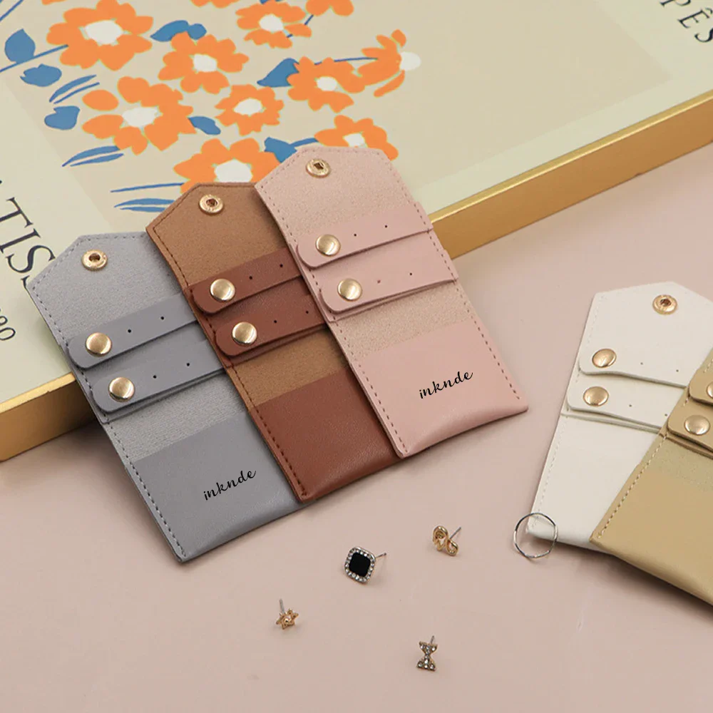 Premium Custom Logo PU Storage Pouches 14x6cm with Golden Snap Botton Retail Jewelry Packaging Bags Stylish Accessories Pack