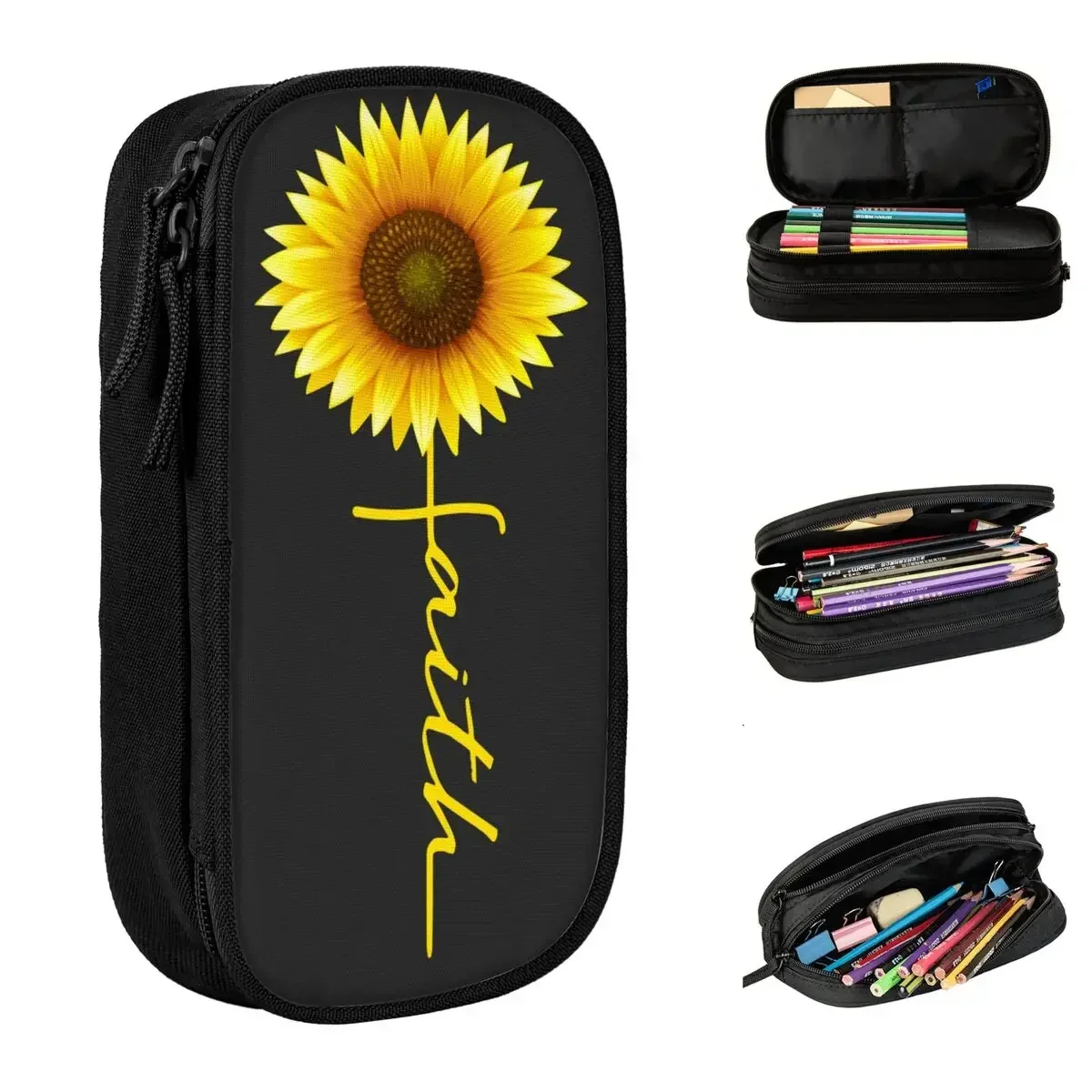 Yellow Faith Sunflower Christian Quote Pencil Case Christian  God Pencil Box Pen Box Large Storage Bag Gifts Stationery