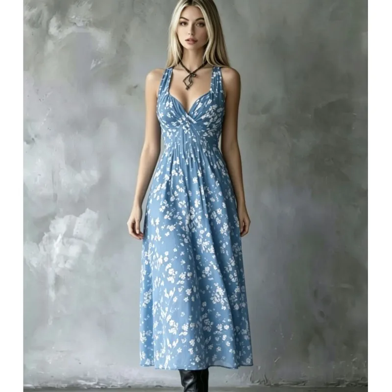 Summer Bohemian Fashion Printed Women's Midi Dress Hot Style Sexy Deep V-neck Sleeveless Dresses Ladies Beach Vacation Vestidos