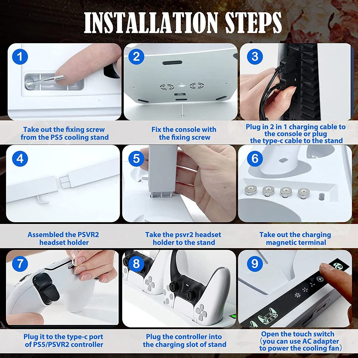 

For PS VR2 PS5 Charging Station with Cooling Fan, VR Charging Display Stand with Headset and Game Storage Holder