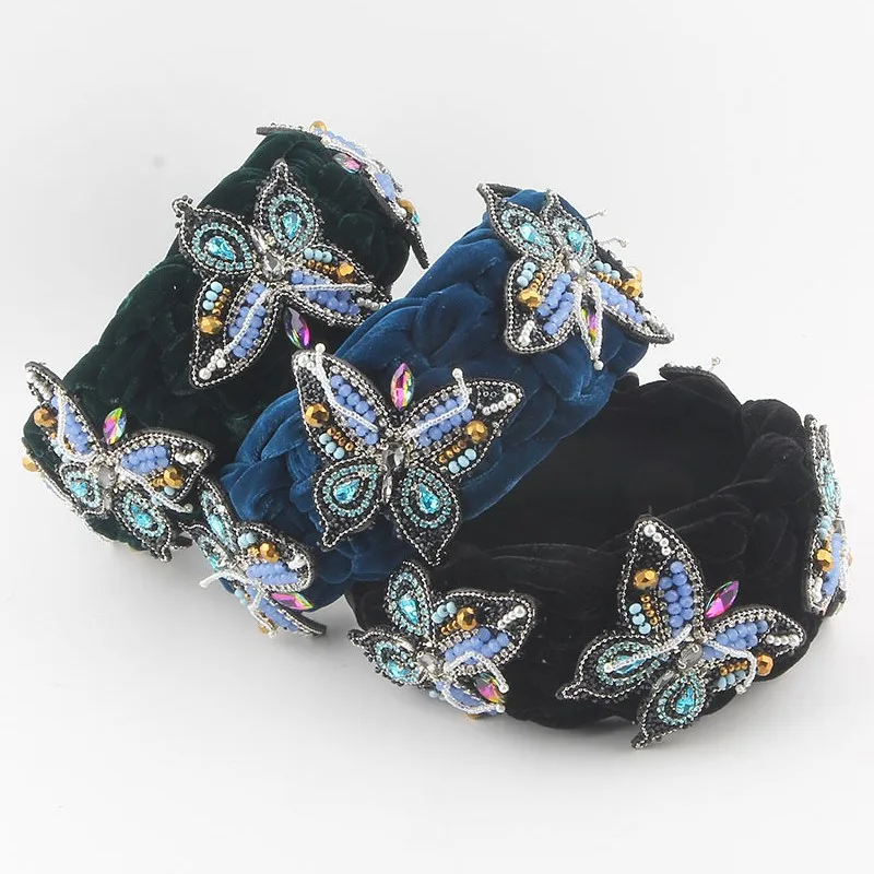 

Korean Thick Diamonds Butterfly Retro Headband Temperament High-end Hair Accessories Green Black Velvet Hairband Wholesale