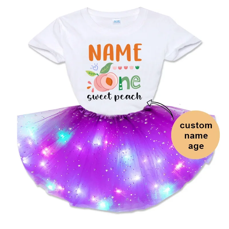 2025 Lovely Peach T Shirt  Birthday Party Outfits Girls Birthday Tutu  Outfit Suits Custom Name Dress Set Girl Kids Clothes