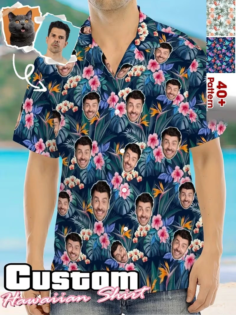 

Custom Face Hawaiian Shirt 2026 New Design Funny Personalized 3D Print Lapel Shirts Beach Short Sleeves Shirts Women Blouses