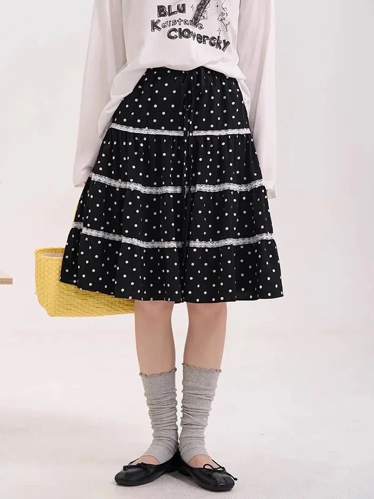 Vintage Dot Women Sweet Midi Skirts Spring Lace Patchwork Cute A Line Skirt Japan Retro Preppy Style High Waist Harajuku Skirt