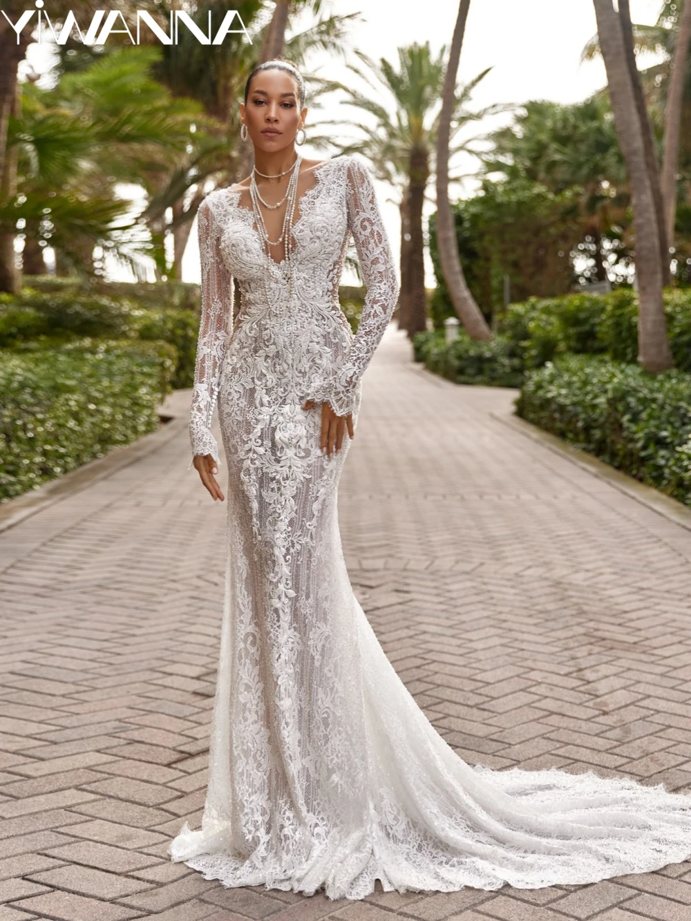 

Gorgeous Embroidery Beaded Lace Wedding Dress Elegant Illusion Mermaid Bridal Gown Customized Long Sleeve Dresses For Bride