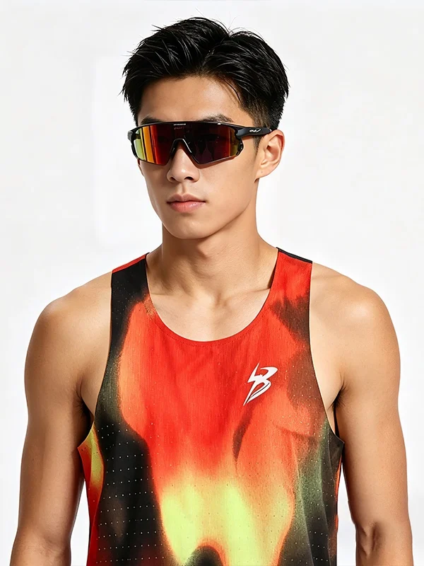 Pebi New Marathon Running Fitness Sports Wear Breathable Quick Dry Seamlessness Pressed Glue Flame Pattern Running Suit