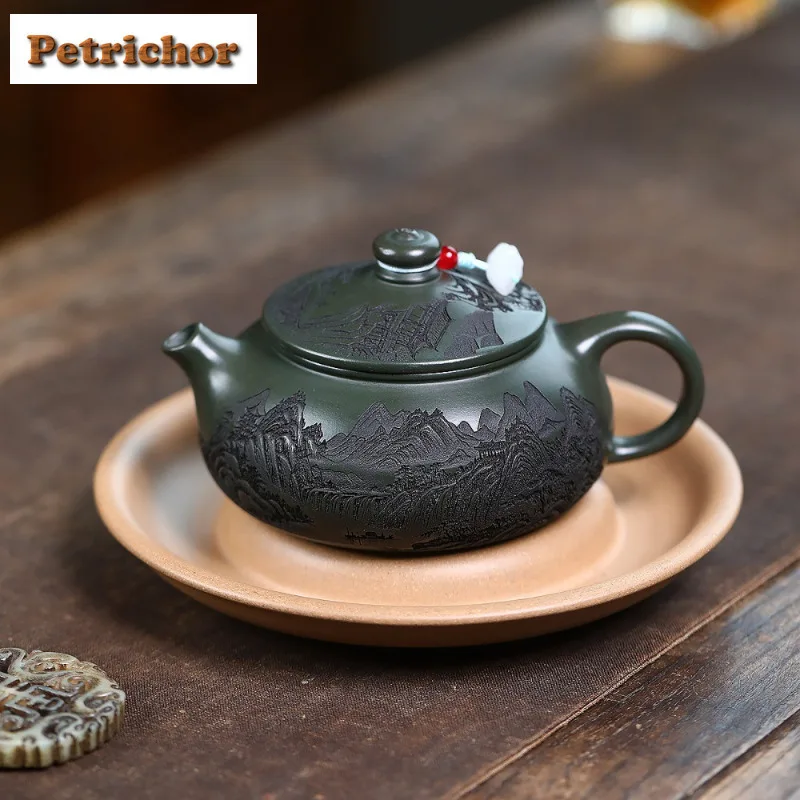 

250ml Yixing Purple Clay Teapots Handmade Landscape Han Jiang Pot Raw Ore Blackish Green Mud Kettle With Filter Zisha Tea Set