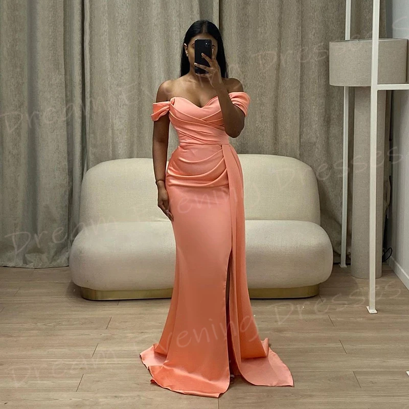 Simple Generous Mermaid Modest Women's Evening Dresses New Fashionable Off The Shoulder Prom Gowns Side Split فساتين سعيد شارون