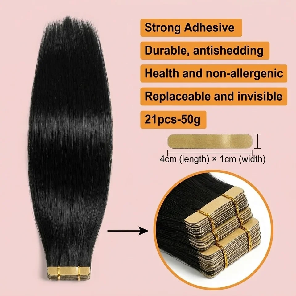 Cinta de extensión de cabello humano 100% adhesiva, color negro natural, 21 piezas, sin costuras, reemplazable, para mujeres 6