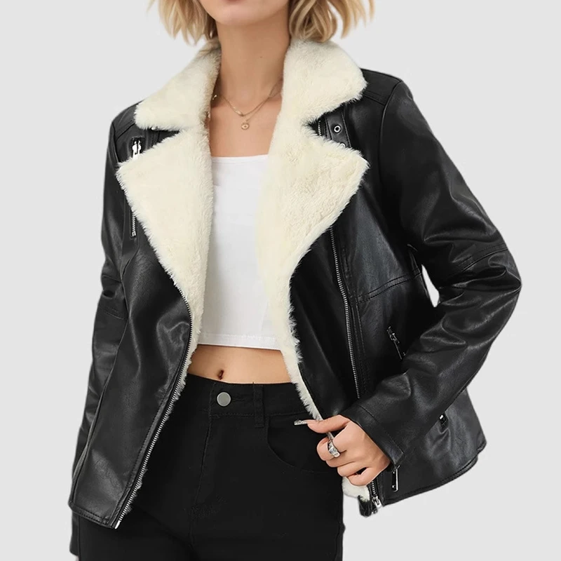2025 New Fashion Winter Thickened Fur-Lined Coat for Women Zipper Design PU Leather Jacket Female Trendy