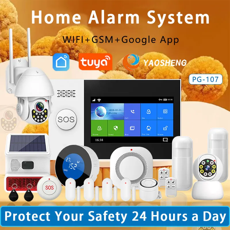 YAOSHENG PG-107 TUYA WiFi  433MHz Wireless Home Security Alarm System 4.3-inch Screen App Remote Control Wireless Home Alarm Kit