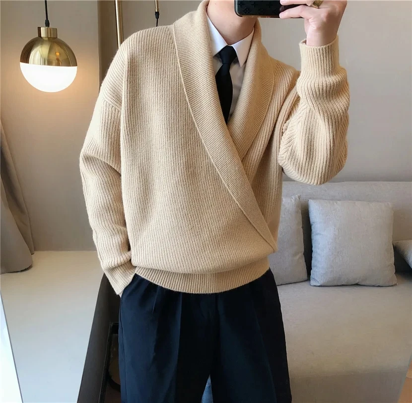 

2025 Autumn Winter New Korean Style Large V Neck Solid Color Draping Sweater Men Loose Lazy Style Casual Knitwear Outerwear Top