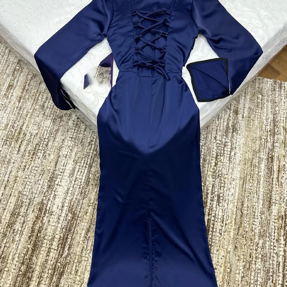 Crystal Satin Lace Up Back Square Neck Long Sleeves Floor Length Back Slit Sweep Train Graceful Criss-Cross Evening Dress 2024 image 2