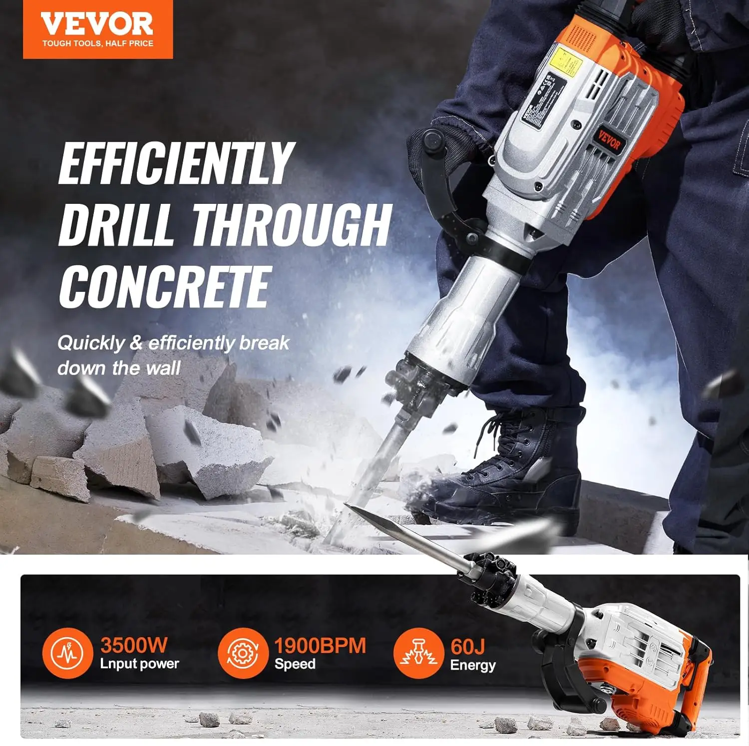 VEVOR Demolition Jack Hammer, MAX 3500W Jack Hammer Concrete Breaker, 1900 BPM Heavy Duty Electric Jack Hammer, 2pcs Chisel with